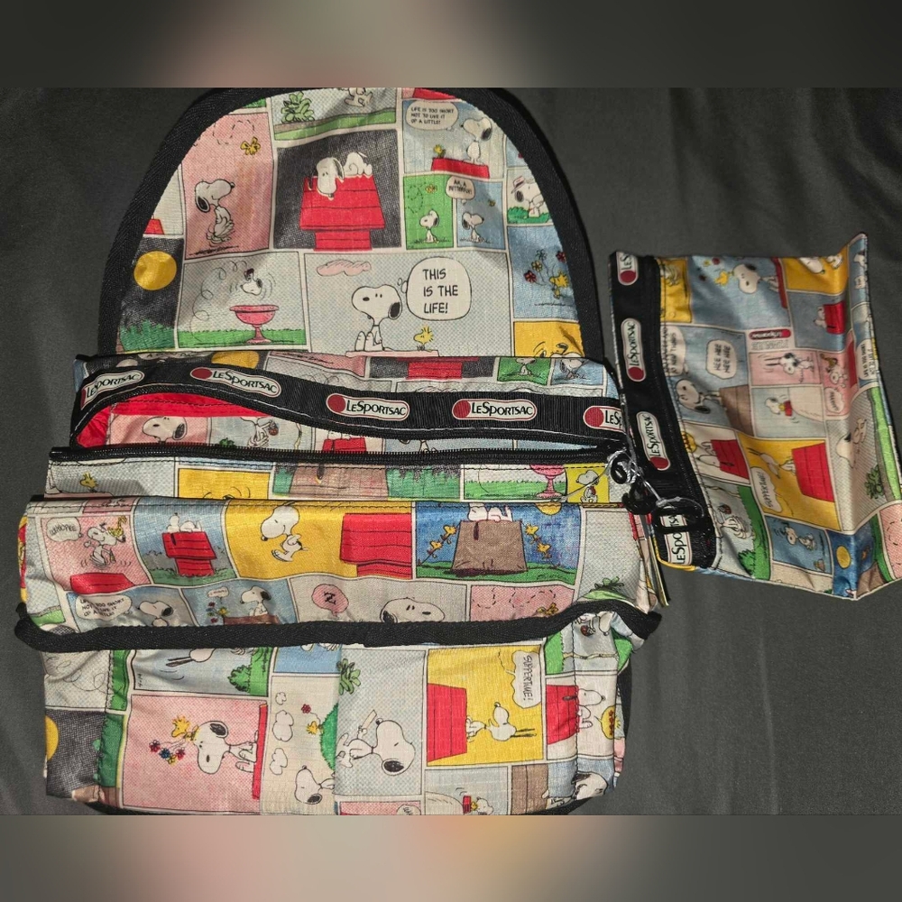 SNOOPY PATCHWORK BACKPACK BY LESPORTSAC. RARE.. BRAND NEW WITH TAGS. 